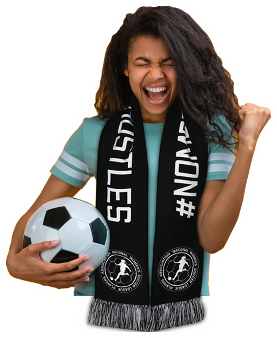 Girl holding a soccer ball and wearing a No More Side Hustles scarf